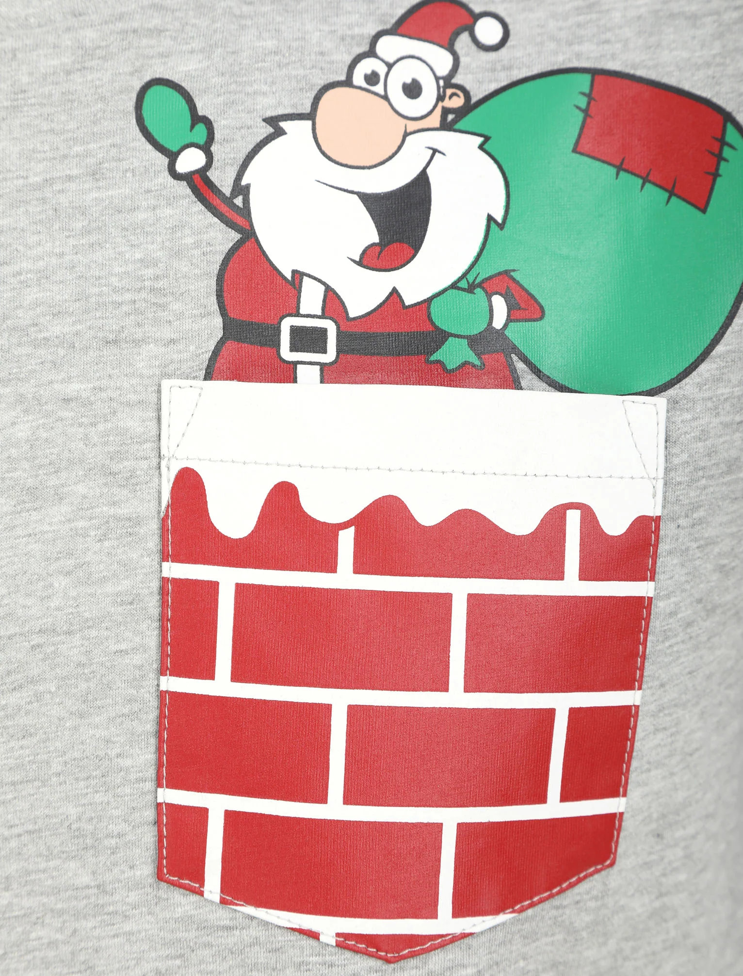 Waving Santa Pocket Motif Novelty Cotton Christmas T-Shirt in Light Grey Marl - Merry Christmas - Image 3